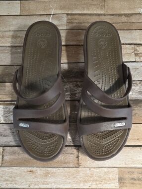 CROCS Brown Triple-Strap Slide Sandals